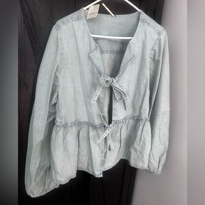 Free People Brunch Babe Chambray Tie Top XL NWT